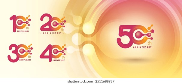 10, 20, 30, 40, 50 year Anniversary logo design, Ten to Fifty years Anniversary Logo for Celebration, Abstract Red Atom Molecule structure particle. Chemistry Science, Biotechnology, molecular biology