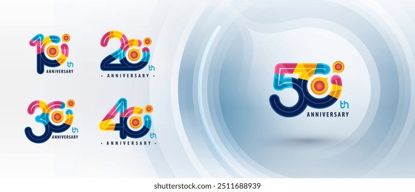 10, 20, 30, 40, 50 anos Projeto logotipo de aniversário, dez a cinquenta anos Logotipo colorido para celebração, Abstract Atom Molecule structure partícula. Laboratório de Química Científica e Biotecnologia, biologia molecular