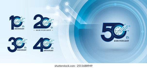 10, 20, 30, 40, Logotipo de aniversário de 50 anos, Logotipo de aniversário de dez a cinquenta anos para celebração, Abstract Connected Blue lines and dots Circuit Board, Conexão de rede global, Tecnologia digital.