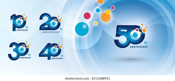 10, 20, 30, 40, 50 anos Projeto logotipo de aniversário, dez a cinquenta anos Logotipo de aniversário para celebração, Colorido Átomo Molécula estrutura partícula. Química Ciência e Biotecnologia, biologia molecular.