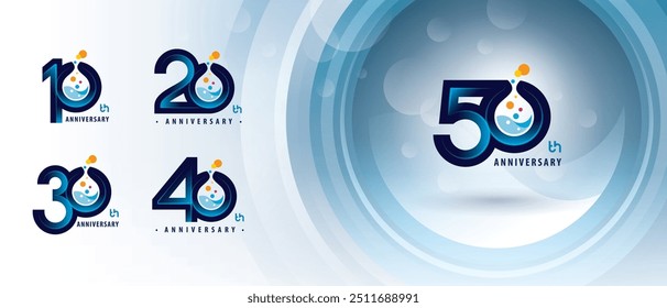 10, 20, 30, 40, 50 anos Projeto logotipo de aniversário, dez a cinquenta anos Logotipo de aniversário para celebração, tubo de ensaio químico Molécula estrutura partícula. Química Ciência Biotecnologia, biologia molecular