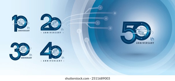 10, 20, 30, 40, 50 year Anniversary Logo, Ten to Fifty years Anniversary Logotype for Celebration, Abstract Connected Curved lines and dots Circuit Board, Global network connection, Digital technology