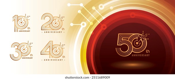 Logotipo de aniversário de 10, 20, 30, 40, 50 anos, Logotipo para celebração de 10 a 50 anos, Linhas de ouro conectadas abstratas e placa de circuito de pontos, Conexão de rede global, Tecnologia digital.