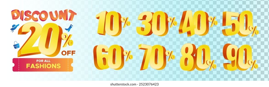 10%, 20%, 30%, 40%, 50%, 60%, 70%, 80%, 90% de descuento. Etiquetas de venta conjunto de insignias de Vector Plantilla. Venta oferta signo de Precio. Símbolo de oferta especial. Promoción de descuento. Forma de insignia de descuento. Diseño de Vector