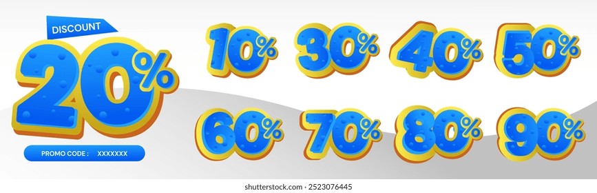 10%, 20%, 30%, 40%, 50%, 60%, 70%, 80%, 90% Desconto. As marcas de venda definem o modelo de emblemas vetoriais. Sinal de preço de oferta de venda. Símbolo de oferta especial. Promoção de desconto. Forma de selo de desconto. Design vetorial