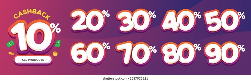 10%, 20%, 30%, 40%, 50%, 60%, 70%, 80%, 90% Cashback. Sale tags set vector badges template. Sale offer price sign. Special offer symbol. Discount promotion. Discount badge shape. Vector design