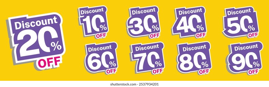 10%, 20%, 30%, 40%, 50%, 60%, 70%, 80%, 90% de descuento. Etiquetas de venta conjunto de insignias de Vector Plantilla. Venta oferta signo de Precio. Símbolo de oferta especial. Promoción de descuento. Forma de insignia de descuento. Diseño de Vector