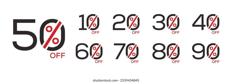 10%, 20%, 30%, 40%, 50%, 60%, 70%, 80%, 90% Discount. Collection sale tags vector template, Discount sale promotion logo design