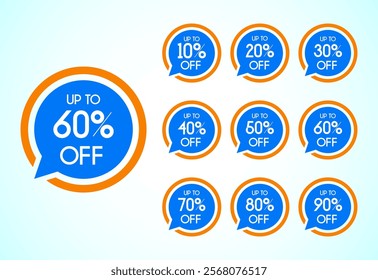Up to 10, 20, 30, 40, 50, 60, 70, 80, and 90 percent off, Sale tags set. Sale offer sign. Special offer symbol. Discount promotion