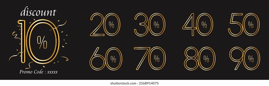 10%, 20%, 30%, 40%, 50%, 60%, 70%, 80%, 90% Discount. Sale tags set vector badges template. Sale offer price sign. Special offer symbol. Discount promotion. Discount badge shape. Vector design