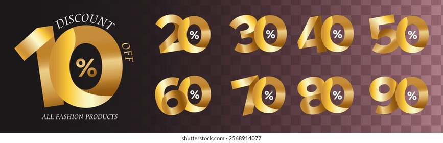 10%, 20%, 30%, 40%, 50%, 60%, 70%, 80%, 90% Discount. Sale tags set vector badges template. Sale offer price sign. Special offer symbol. Discount promotion. Discount badge shape. Vector design