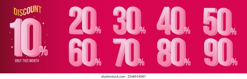 10%, 20%, 30%, 40%, 50%, 60%, 70%, 80%, 90% Discount. Sale tags set vector badges template. Sale offer price sign. Special offer symbol. Discount promotion. Discount badge shape. Vector design