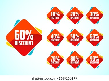 10, 20, 30, 40, 50, 60, 70, 80, and 90 percent discount, Sale tags set. Sale offer sign. Special offer symbol. Discount promotion