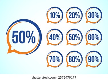 10, 20, 30, 40, 50, 60, 70, 80, and 90 percent discount, Sale tags set. Sale offer sign. Special offer symbol. Discount promotion