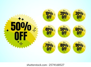 Up to 10, 20, 30, 40, 50, 60, 70, 80, and 90 percent off, Sale tags set. Sale offer sign. Special offer symbol. Discount promotion