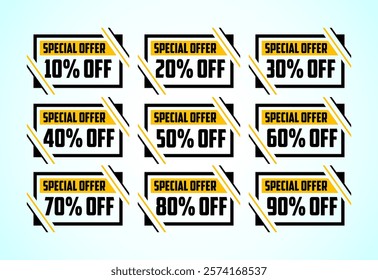 Up to 10, 20, 30, 40, 50, 60, 70, 80, and 90 percent off, Sale tags set. Sale offer sign. Special offer symbol. Discount promotion