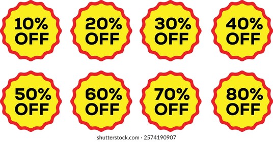 10%, 20%, 30%, 40%, 50%, 60%, 70%, 80%, 90% Discount. Sale tags set vector badges template. Sale offer price sign. Special offer symbol. Discount promotion. Discount badge shape. Vector design