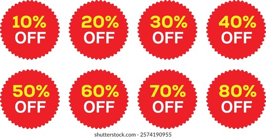 10%, 20%, 30%, 40%, 50%, 60%, 70%, 80%, 90% Discount. Sale tags set vector badges template. Sale offer price sign. Special offer symbol. Discount promotion. Discount badge shape. Vector design