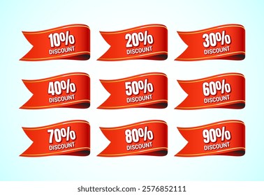 10, 20, 30, 40, 50, 60, 70, 80, and 90 percent discount, Sale tags set. Sale offer sign. Special offer symbol. Discount promotion