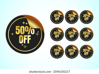 Up to 10, 20, 30, 40, 50, 60, 70, 80, and 90 percent off, Sale tags set. Sale offer sign. Special offer symbol. Discount promotion