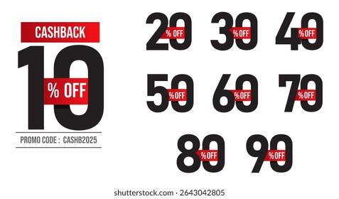 10%, 20%, 30%, 40%, 50%, 60%, 70%, 80%, 90% Cashback. As marcas de venda definem o modelo de emblemas vetoriais. Sinal de preço de oferta de venda. Símbolo de oferta especial. Promoção de desconto. Forma de selo de desconto. Design vetorial