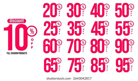 10%, 20%, 30%, 40%, 50%, 60%, 70%, 80%, 90% Discount. Sale tags set vector badges template. Sale offer price sign. Special offer symbol. Discount promotion. Discount badge shape. Vector design
