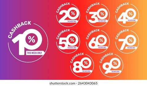 10%, 20%, 30%, 40%, 50%, 60%, 70%, 80%, 90% Cashback. As marcas de venda definem o modelo de emblemas vetoriais. Sinal de preço de oferta de venda. Símbolo de oferta especial. Promoção de desconto. Forma de selo de desconto. Design vetorial