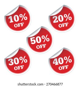 10, 20, 30, 40, 50 % off red vector sticker