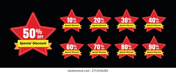 10%, 20%, 30%, 40%, 50%, 60%, 70%, 80%, 90% de descuento conjunto de insignias. Etiquetas de venta conjunto de insignias de Vector Plantilla. Letrero de Precio de descuento especial. Forma de insignia de estrella. Ilustración vectorial.