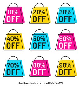 10%, 20%, 30%, 40%, 50%, 60%, 70%, 80%, 90% off. Badge, icon, logo. Set of vectors illustrations on white background. Business concept for discount, outlet.