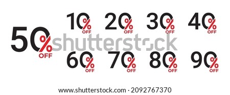 10%, 20%, 30%, 40%, 50%, 60%, 70%, 80%, 90% Discount. Sale tags set vector badges template. Sale offer price sign. Special offer symbol. Discount promotion. Discount badge shape. Vector design