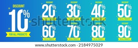 10%, 20%, 30%, 40%, 50%, 60%, 70%, 80%, 90% Discount. Sale tags set vector badges template. Sale offer price sign. Special offer symbol. Discount promotion. Discount badge shape. Vector design