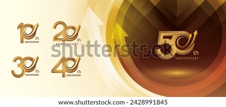 10, 20, 30, 40, 50 year Anniversary logo design, Ten to Fifty years Anniversary Logo for Celebration event, Abstract Gold Circle Arrow, Growth to Success Concept, Upward Curved Arrow Right to Top.