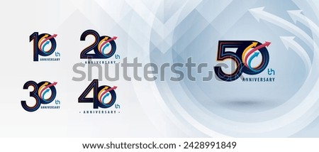 10, 20, 30, 40, 50 year Anniversary logo design, Ten to Fifty years Anniversary Logo for Celebration event, Abstract Colorful Circle Arrow, Growth to Success Concept, Upward Curved Arrow Right to Top.