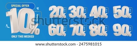 10%, 20%, 30%, 40%, 50%, 60%, 70%, 80%, 90% Discount. Sale tags set vector badges template. Sale offer price sign. Special offer symbol. Discount promotion. Discount badge shape. Vector design
