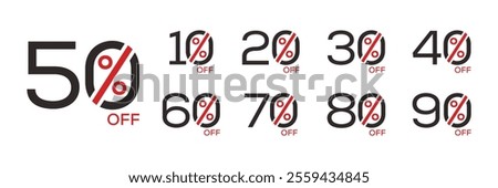 10%, 20%, 30%, 40%, 50%, 60%, 70%, 80%, 90% Discount. Collection sale tags vector template, Discount sale promotion logo design