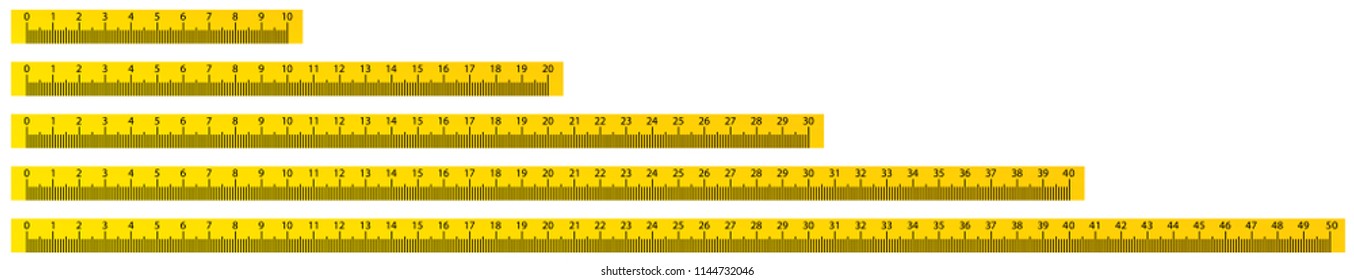 10, 20, 30, 40 and 50cm yellow school measure ruler. metric measurement. School equipment