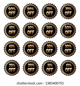 10%, 20%, 30%, 40%,50%, 60%, 70%, 80%, 90% off. Vector illustration. Vector illustration of a collection of labels with inscriptions on sales.