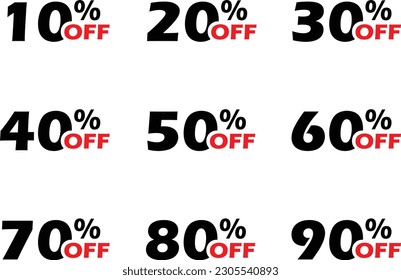 10%, 20%, 30%, 40%,50%, 60%, 70%, 80%, 90% OFF Discount Sticker. Sale Red Tag Isolated Vector Illustration. Discount Offer Price Label, Vector Price Discount Symbol.