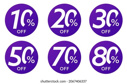 10, 20, 30, 50, 70 und 80 Prozent Rabatt auf den Rundverkauf Aufkleber Set. Discount-Badvorlage realistisches Design mit unterschiedlicher Preisreduzierung, Vektorgrafik einzeln auf weißem Hintergrund