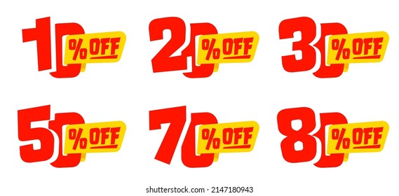 10, 20, 30, 50, 70, 80 percent off numeral design set. Creative number lettering for sale poster and banner, flyer and coupon vector illustration isolated on white background