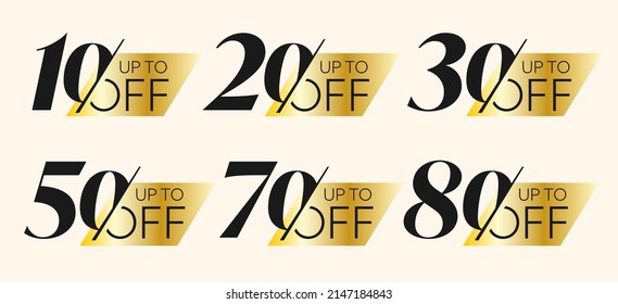 Bis zu 10, 20, 30, 50, 70, 80 Prozent Rabatt auf luxuriöses, realistisches 3D-Design. Goldaufkleber, Produktmarke, Discount-Badge oder Etikett in trendiger Mode-Vektorgrafik einzeln auf weißem Hintergrund