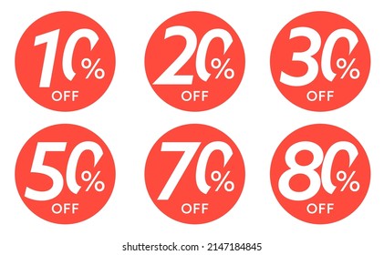 10, 20, 30, 50, 70, 80 percent off round sticker set. Discount on holidays, online shop sale, special offer for saving money concept. Product badge vector illustration isolated on white background