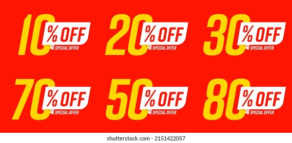 10, 20, 30, 50, 70, 80 percent off special offer. Set of design element for sale price tag, banner or product badge vector illustration isolated on red background