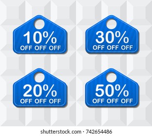 10% 20% 30% 50% OFF. Set of 4 colorful labels templates. Banner isolated on white background. Modern stickers for flyers cards or web. Vector illustration, EPS 10.