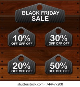 10% 20% 30% 50% Sale tag Black Friday isolated on wooden background. Sale, discount tag can be used on banners flyers or web. Clothes, food, equipment sale. Vector illustration. EPS 10.
