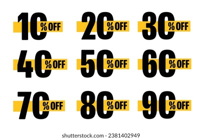 10, 20, 30, 70, 50 percent off. Sale tags set vector badges template. Sale offer price sign. Special offer symbol. Special offer discount label with different sale percentage. Set vector isolated.