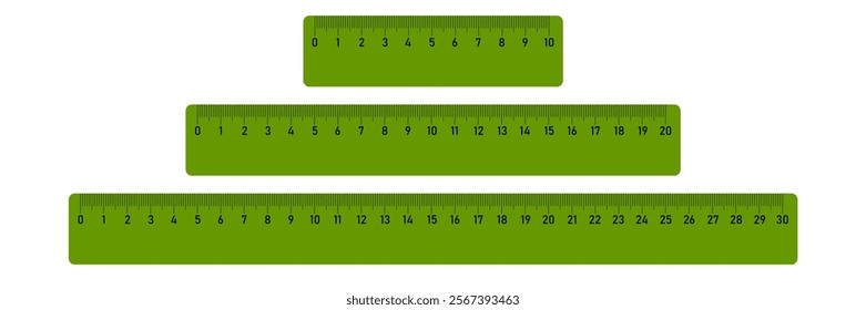 10, 20, 30 centimeters ruler measurement tool with numbers scale. realistic school measuring rulers in flat style