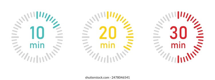 The 10, 20, 30, minutes, stopwatch vector icon. Stopwatch or countdown timer vector illustration. Set of countdown timer and stopwatch sky blue, yellow, red color.