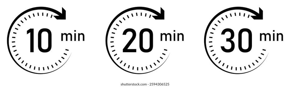 10-, 20- and 30-minutes timer and clock vector icons set in black color. Timer logo. Clock symbols, stopwatch signs, Timer icons. Vector illustration.